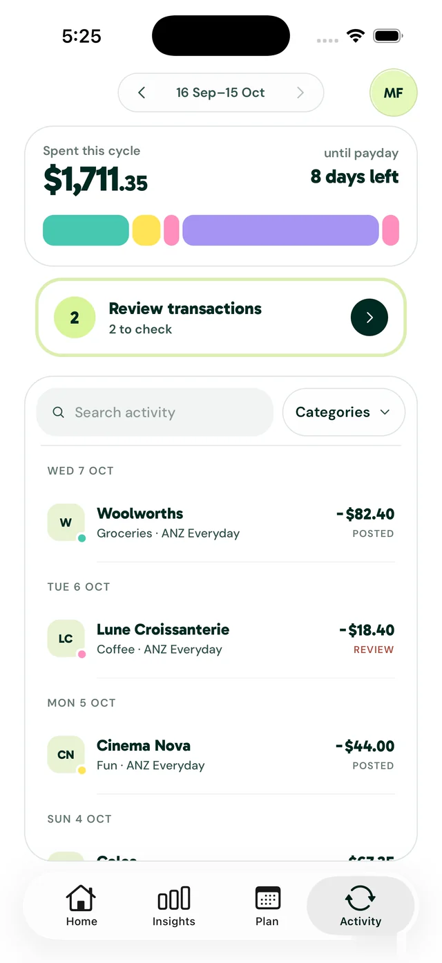 Clova Activity for 16 Sep to 15 Oct: $1,711.35 spent this cycle, 8 days left until payday, a spending bar split by allocation, Review transactions with 2 to check, then recent purchases from Woolworths, Lune Croissanterie and Cinema Nova.
